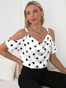 SHEIN Clasi 滿版印花露肩鍊條裝飾上衣 露肩上衣 - 白色 - 查看 6