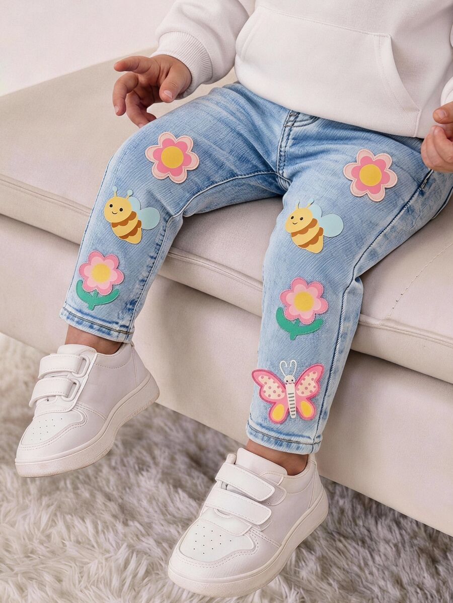 SHEIN Baby Girl Knitted Butterfly & Flower Pattern Casual Long Pants,Suitable For Autumn And Winter - Multicolor - View 1
