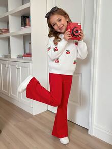 YOUNG Girs 2件組秋季白色長袖衛衣上衣，附可愛3D櫻桃貼花與紅色針織喇叭褲，甜美女童秋季服飾 - 紅色 - 查看 8