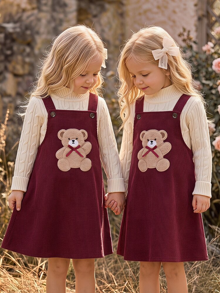 SHEIN Young Girls /Baby Girls Kids Cute Burgundy Corduroy Pinafore Autumn Winter Dress With Ruffle Pockets And Shoulder Strap Design ( Toddler And Infant ) - Red - View 2