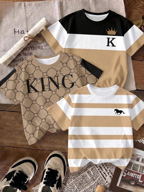 Kids Young Boy T-Shirt 3pcs -Piece Set, Classic Vintage Floral Print, Retro Color Block Print, Stripe Print, Exquisite Logo Print, Cool Text Print