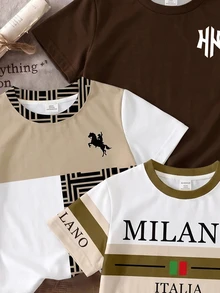小男孩 T-shirt 三件組，經典配色拼接復古圖案印花，酷感休閒城市名稱文字圖案印花，適合穿著 - 彩色 - 查看 3