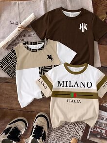 小男孩 T-shirt 三件組，經典配色拼接復古圖案印花，酷感休閒城市名稱文字圖案印花，適合穿著 - 彩色 - 查看 1