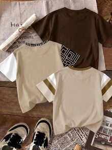 小男孩 T-shirt 三件組，經典配色拼接復古圖案印花，酷感休閒城市名稱文字圖案印花，適合穿著 - 彩色 - 查看 2