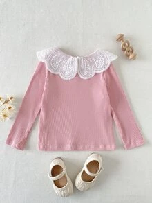 SHEIN Vintaside Kids 女童優雅長袖T恤，刺繡領口與羅紋針織設計 - 粉色 - 查看 3