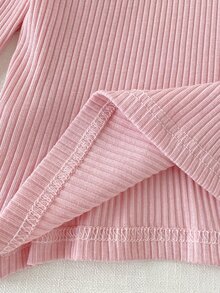 SHEIN Vintaside Kids 女童優雅長袖T恤，刺繡領口與羅紋針織設計 - 粉色 - 查看 8