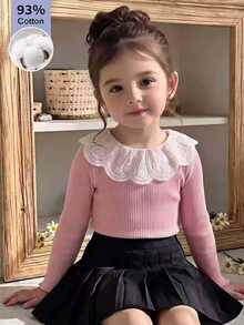 SHEIN Vintaside Kids 女童優雅長袖T恤，刺繡領口與羅紋針織設計 - 粉色 - 查看 4