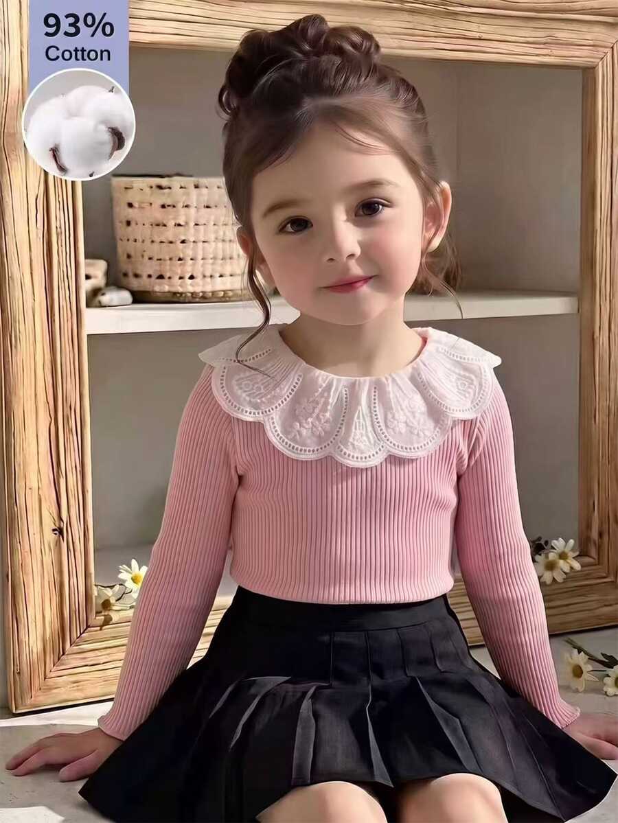 SHEIN Vintaside Kids تي شيرت أنيق بأكمام طويلة للبنات مع ياقة مطرزة وحياكة مضلعة