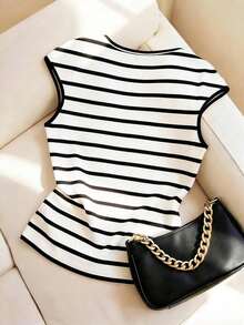 SHEIN Raffinéa French Minimalist Fitted Striped Knit Tee, Casual Short Sleeve Top, Great For Parties, Spring/Summer - Black and White - View 2