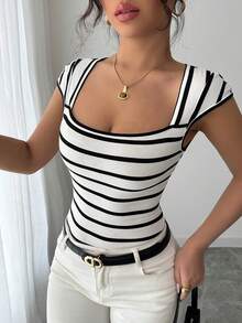 SHEIN Raffinéa French Minimalist Fitted Striped Knit Tee, Casual Short Sleeve Top, Great For Parties, Spring/Summer - Black and White - View 6