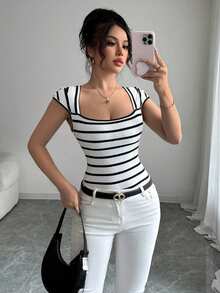 SHEIN Raffinéa French Minimalist Fitted Striped Knit Tee, Casual Short Sleeve Top, Great For Parties, Spring/Summer - Black and White - View 7