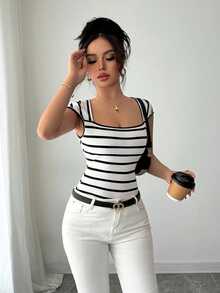 SHEIN Raffinéa French Minimalist Fitted Striped Knit Tee, Casual Short Sleeve Top, Great For Parties, Spring/Summer - Black and White - View 5