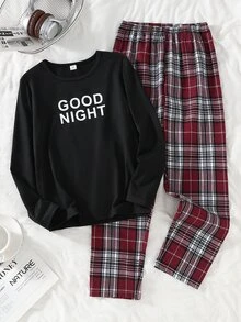 Boys' English Word Print Black Long Sleeve Top And Red Classic Plaid Pants Set, Winter Autumn Pull Casual Pajamas Loungewear Festival Outfits - Multicolor - View 2