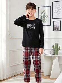 Boys' English Word Print Black Long Sleeve Top And Red Classic Plaid Pants Set, Winter Autumn Pull Casual Pajamas Loungewear Festival Outfits - Multicolor - View 9