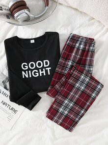 Boys' English Word Print Black Long Sleeve Top And Red Classic Plaid Pants Set, Winter Autumn Pull Casual Pajamas Loungewear Festival Outfits - Multicolor - View 8
