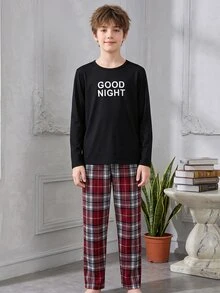 Boys' English Word Print Black Long Sleeve Top And Red Classic Plaid Pants Set, Winter Autumn Pull Casual Pajamas Loungewear Festival Outfits - Multicolor - View 7