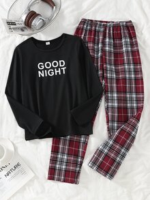 Boys' English Word Print Black Long Sleeve Top And Red Classic Plaid Pants Set, Winter Autumn Pull Casual Pajamas Loungewear Festival Outfits - Multicolor - View 6