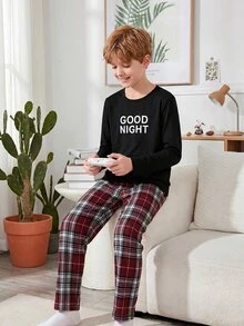 Boys' English Word Print Black Long Sleeve Top And Red Classic Plaid Pants Set, Winter Autumn Pull Casual Pajamas Loungewear Festival Outfits - Multicolor - View 5
