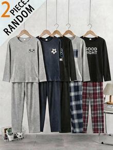 Boys' English Word Print Black Long Sleeve Top And Red Classic Plaid Pants Set, Winter Autumn Pull Casual Pajamas Loungewear Festival Outfits - Multicolor - View 1