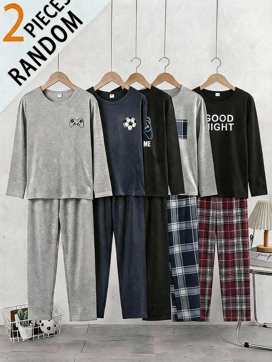 Boys' English Word Print Black Long Sleeve Top And Red Classic Plaid Pants Set, Winter Autumn Pull Casual Pajamas Loungewear Festival Outfits - Multicolor - View 1