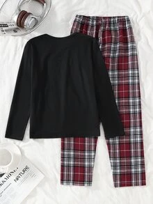 Boys' English Word Print Black Long Sleeve Top And Red Classic Plaid Pants Set, Winter Autumn Pull Casual Pajamas Loungewear Festival Outfits - Multicolor - View 3