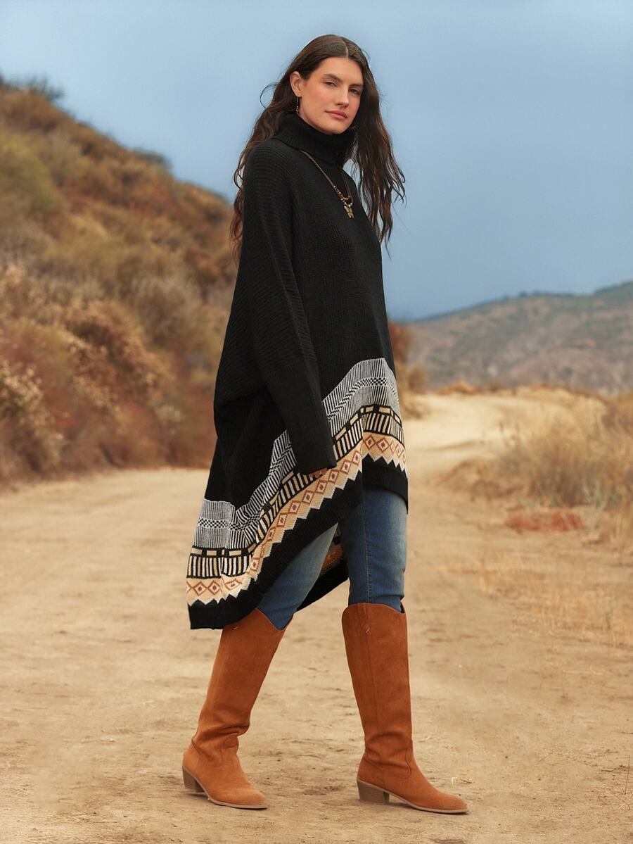 Freevana Plus Size Women's High Neck Geometric Pattern Black And Red Batwing Sleeve Loose Asymmetric Hem Pullover Sweater Autumn Boho 1920s Jacquard Vacation - Multicolor - View 1