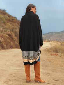 Freevana 大尺碼女款高領幾何圖案黑紅配色蝙蝠袖寬鬆不對稱下擺套頭毛衣 秋季波希米亞風 1920年代提花 度假風 - 彩色 - 查看 7