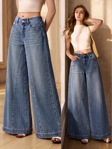 Selenza Women's Casual Streetwear Versatile Daily Travel Denim Jeans With Pocket And Button Work Everyday Blue Fall - Blue - View 14