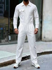 Manfinity Homme Men's Classic White Collared Design Versatile, Zipper & 4-Button Closure, Fashionable Elegant Long Sleeve Patch Pocket Button Design Jumpsuit And Overalls - White - View 1