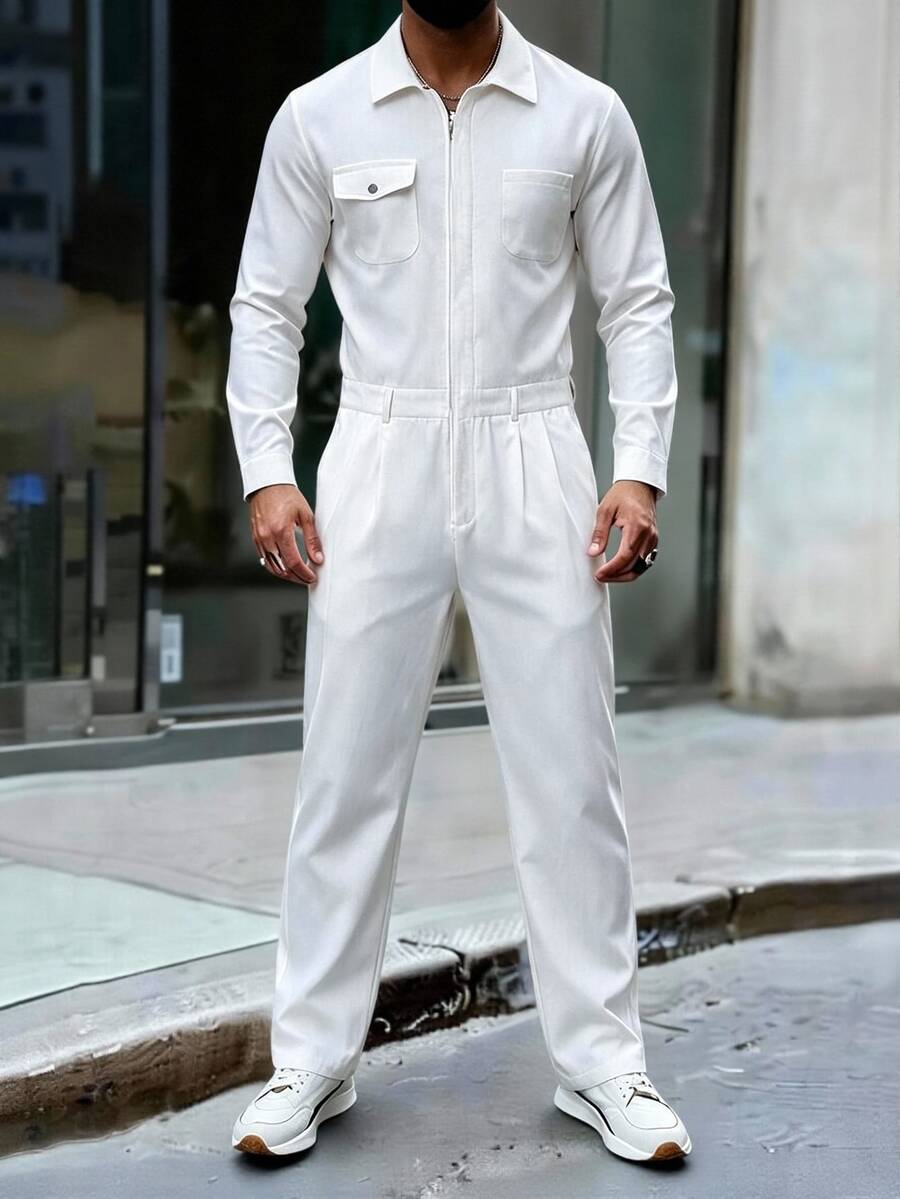 Manfinity Homme Men's Classic White Collared Design Versatile, Zipper & 4-Button Closure, Fashionable Elegant Long Sleeve Patch Pocket Button Design Jumpsuit And Overalls - White - View 1