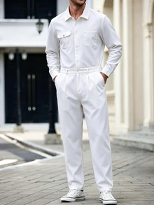 Manfinity Homme Men's Classic White Collared Design Versatile, Zipper & 4-Button Closure, Fashionable Elegant Long Sleeve Patch Pocket Button Design Jumpsuit And Overalls - White - View 6