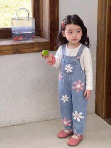 SHEIN 女婴水洗牛仔背带裤，碎花宽松连体裤 - 淺藍色 - 查看 4