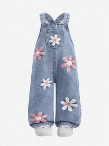 SHEIN 女婴水洗牛仔背带裤，碎花宽松连体裤 - 淺藍色 - 查看 1