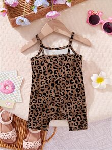 SHEIN LMoss Kids 女嬰休閒無袖連身衣，深棕色豹紋圖案，搭配迷人復古風條紋花卉設計 - 白色 - 查看 2
