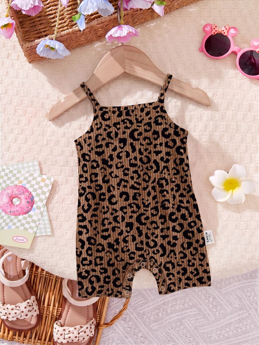 SHEIN LMoss Kids 女嬰休閒無袖連身衣，深棕色豹紋圖案，搭配迷人復古風條紋花卉設計 - 白色 - 查看 1