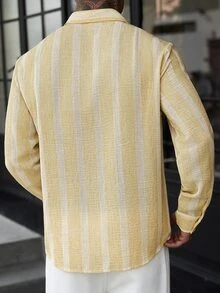 VENTUSAIL 男士黃色編織條紋夏季輕量修身休閒度假長袖襯衫 - 黃色 - 查看 2