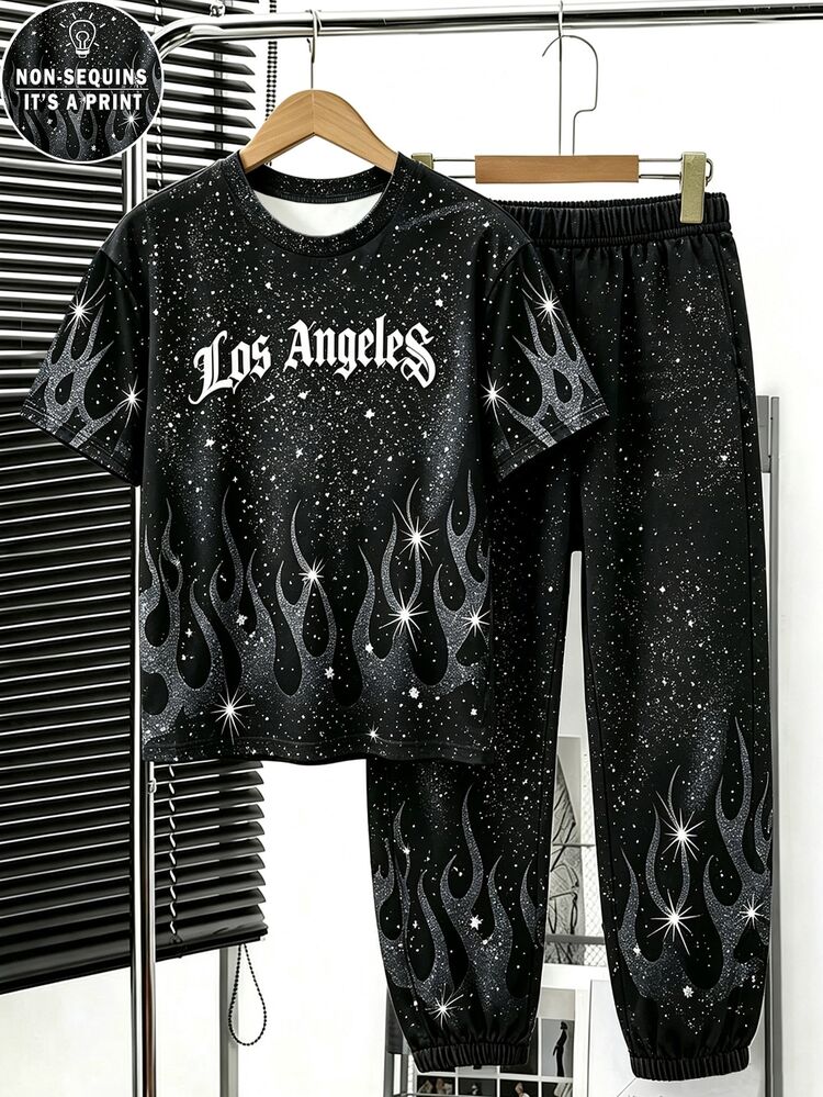 1 Random Set,Teen Boy Black Grey Flame Starry Sky Letter Print Color Block Long Sleeve T-Shirt Joggers Set Fall Back To School Streetwear School Outfi - Multicolor - View 5