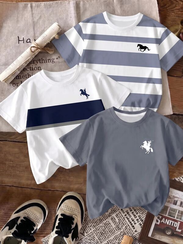 Conjunto de 3 piezas de camisetas para niños y jóvenes, estampado retro de bloques de color a rayas clásicas, estampado de logotipo exquisito, estampado de logotipo clásico