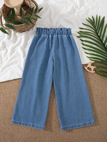 SHEIN Elladie kids Young Girl Paperbag Waist Wide Leg Jeans - Medium Wash - View 2