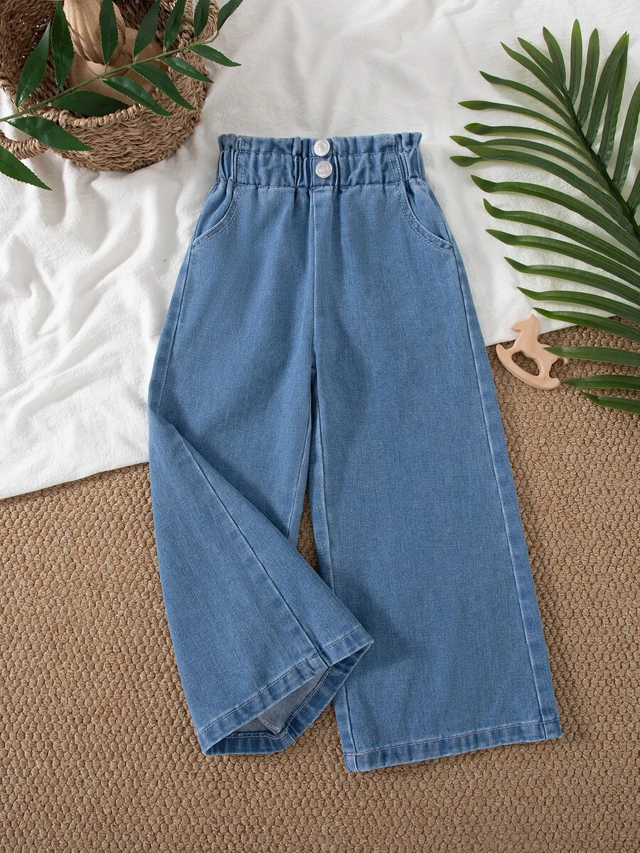 SHEIN Elladie kids Young Girl Paperbag Waist Wide Leg Jeans - Medium Wash - View 1