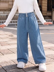SHEIN Elladie kids Young Girl Paperbag Waist Wide Leg Jeans - Medium Wash - View 3