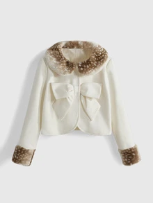 ROMWE Kawaii Deer Plush & Wool Blend Patchwork Doll Style Women's Regular Jacket - Beige - View 1