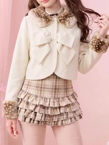 ROMWE Kawaii Deer Plush & Wool Blend Patchwork Doll Style Women's Regular Jacket - Beige - View 3