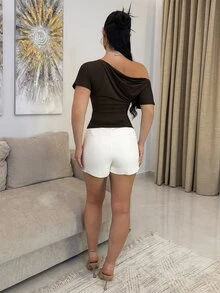Vassilux New Spring/Summer Women's Stylish High Street Chic Oblique Shoulder Slim Fit Sporty Versatile Comfortable Casual T-Shirt - Brown - View 2