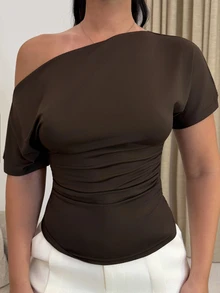 Vassilux New Spring/Summer Women's Stylish High Street Chic Oblique Shoulder Slim Fit Sporty Versatile Comfortable Casual T-Shirt - Brown - View 3