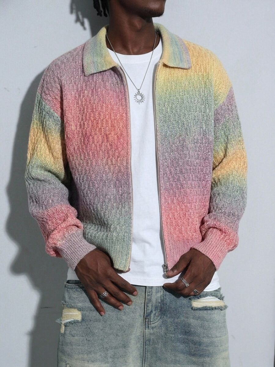 Manfinity EMRG Men's Streetwear Colorblock Zip-Up Long Sleeve Knit Cardigan Halloween Holiday / Vacation Fall Y2k - Multicolor - View 1