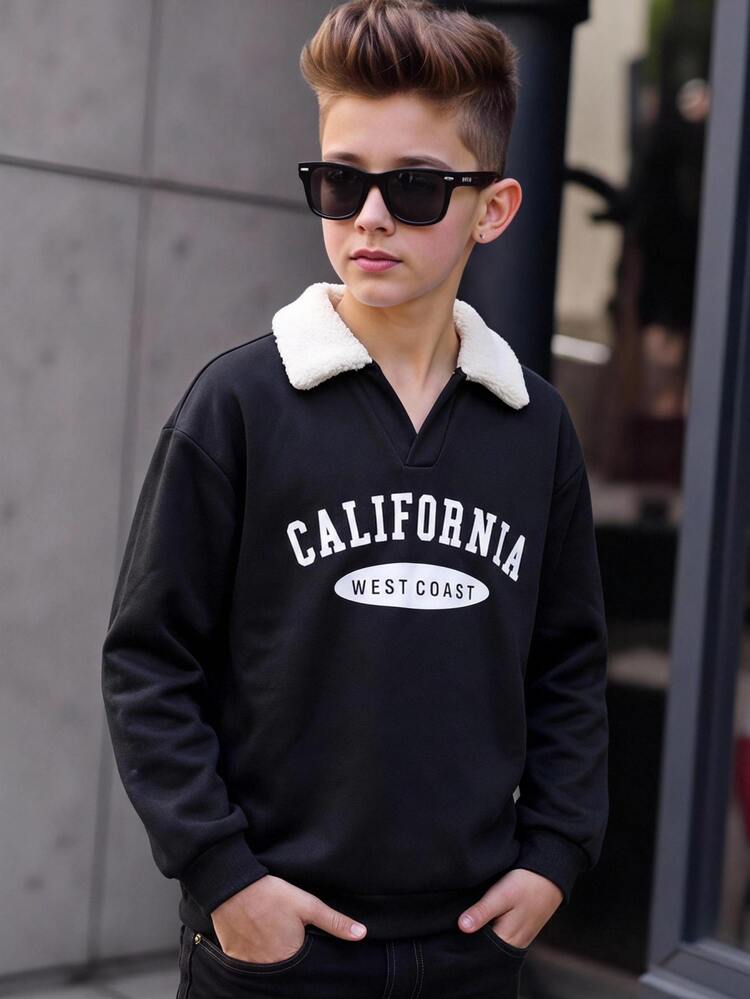 SHEIN Kids Tween Boy Casual Sports Loose Fit Korean Style Lamb Fleece Collar Contrast Color Sweatshirt, Suitable For Commuting, School, Daily Casual Wear, Outings, Sports, Autumn/Winter - Black - View 3