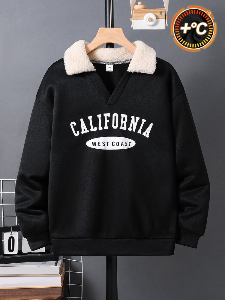 SHEIN Kids Tween Boy Casual Sports Loose Fit Korean Style Lamb Fleece Collar Contrast Color Sweatshirt, Suitable For Commuting, School, Daily Casual Wear, Outings, Sports, Autumn/Winter - Black - View 4