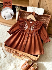 SHEIN 1件女嬰洋裝，春秋森系刺繡休閒可愛套裝裙，適合幼兒家庭拍照、閨蜜裝，棕色花卉 - 棕色 - 查看 1