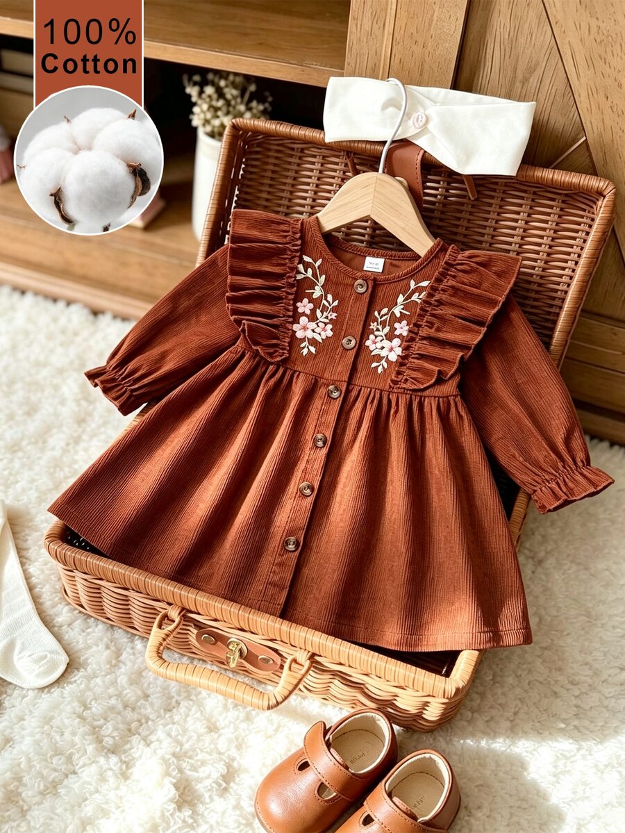 SHEIN 1件女嬰洋裝,春秋森系刺繡休閒可愛套裝裙,適合幼兒家庭拍照、閨蜜裝,棕色花卉 - 棕色 - 查看 1